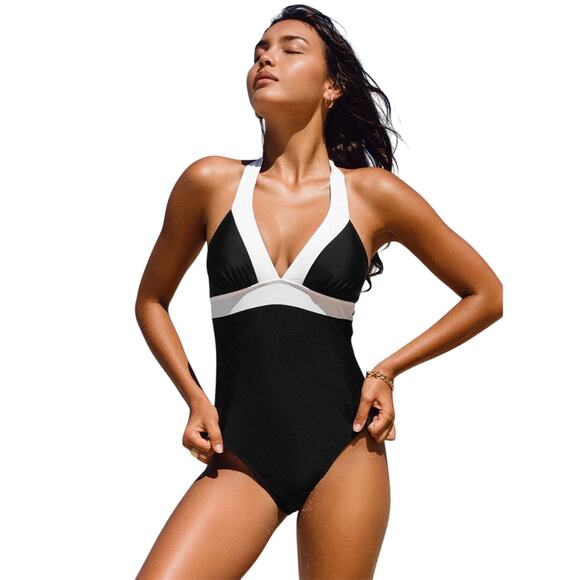 Cupshe Italian Romance Halter Cheeky One Piece Swimsuit Black White Size Large - Picture 2 of 7